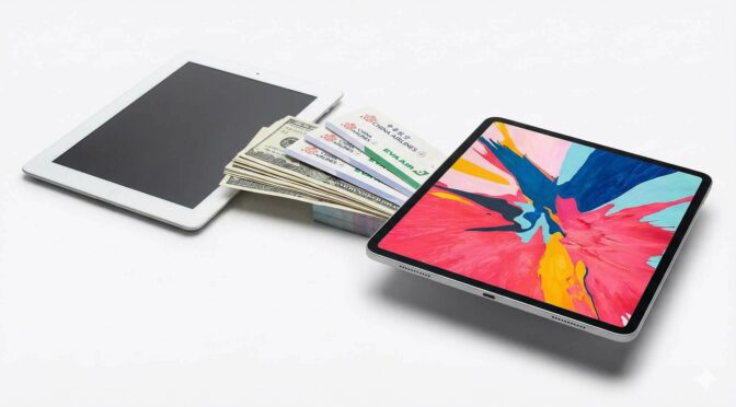 舊款 iPad 與航空哩程卡擺在一起象徵升級資金